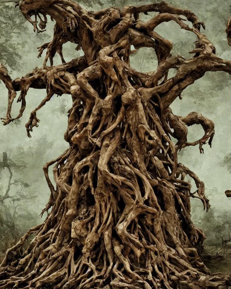 Prompt: A wretched mythical tree made of human flesh, limbs and bones.