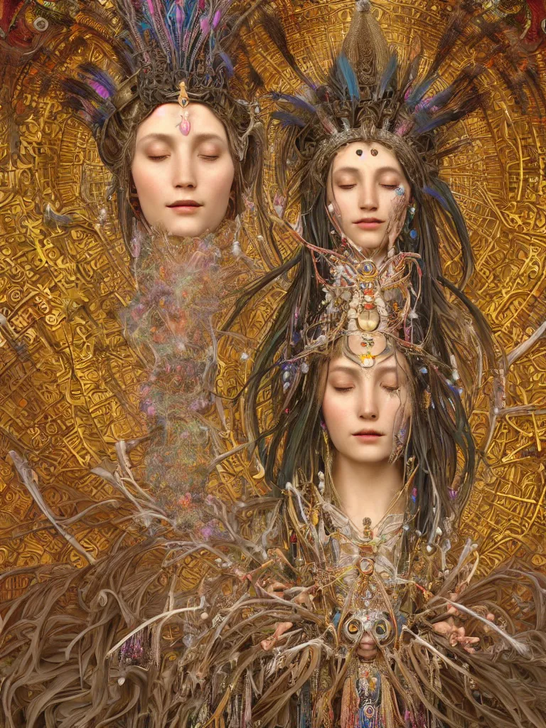 Image similar to an ancient mystical alluring tribal elder wearing an intricate head dress of feathers and jewels generating flowing energy and surrounded by wisps of incense smoke sits meditating in a cybernetic robot temple, face face face, by alphonse mucha and justin gerard and android jones, 3 d, cinema 4 d render, trending on artstation, 8 k