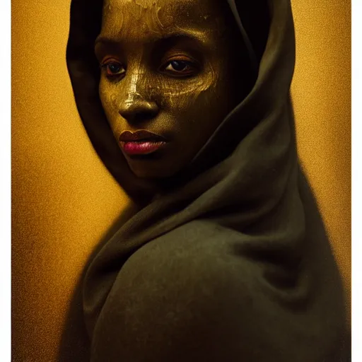 Image similar to a portrait of a young black woman wearing a long dark cloak, hood and shadows covering face, anatomically correct, beautiful perfect face, enigmatic, oil painting, matte painting, black background, Volumetric Golden dappled dynamic lighting, Highly Detailed, Cinematic Lighting, Unreal Engine, 8k, HD, by Beksinski