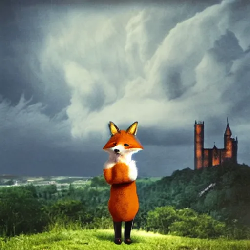 Image similar to anthropomorphic fox!! who is a medieval knight holding a swo - rd towards a stormy thundercloud [ 1 9 3 0 s film still ], ( castle in the background )