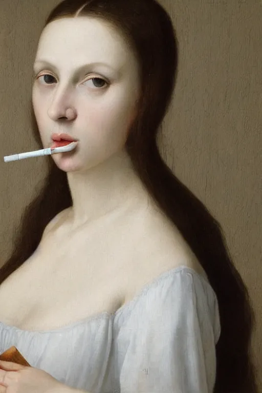 Prompt: hyperrealism extreme close-up portrait of medieval beautiful young female with cigarette in mouth, pale skin, wearing white silk, in style of classicism