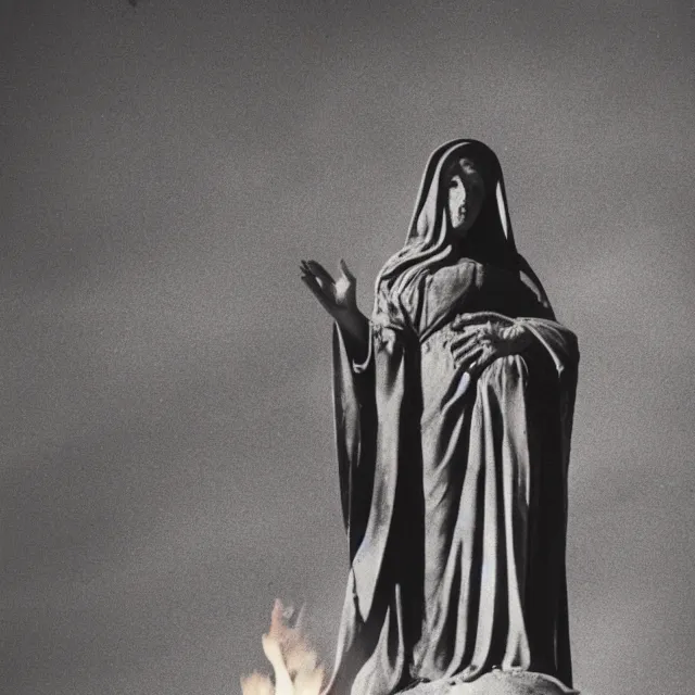 Prompt: statue of mother mary, black and burned and on fire, ultramax photograph