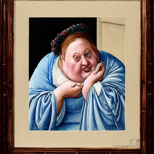 Image similar to of a very funny renaissance style watercolor painting of a sweet fat old woman kissing her reflection. symmetrical face, red mouth, blue eyes. a flowered dress. a hyper - realistic scene. 3 d, octane processing, deep focus, white scene. a very funny and sweet picture. unreal engine. watercolor. fellini cinematic style. poster quality. freud painting style.