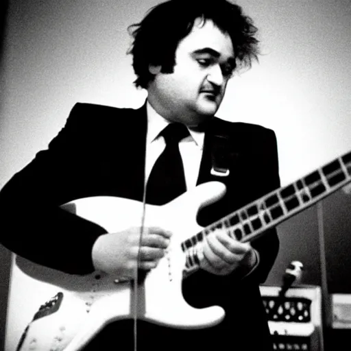 Prompt: john belushi wearing a black suit and black necktie and black fedora playing electric guitar in a darkened nightclub, 3 5 mm film still from 1 9 8 1, grainy.