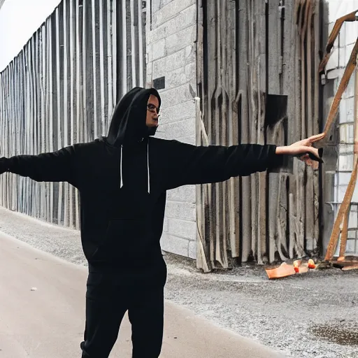 Image similar to photo of a man who dabs, in black hoodie and black pants, broad daylight in front of construction site barier wall