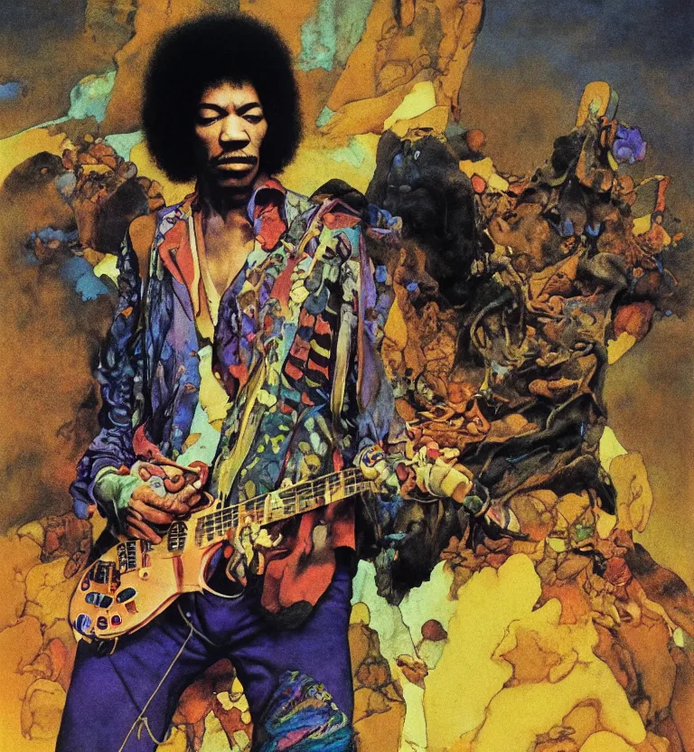 Prompt: colour portrait photography of jimi hendrix full body shot by annie leibovitz, moebius, pascal blanche, josh kirby, landscape in background by roger dean and syd mead and killian eng and james jean and giger, arthur rackham, beksinski, greg hildebrandt, 8 k