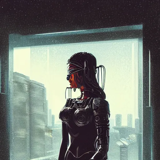 Image similar to portrait of cyberpunk woman looking out of a window, cyberpunk setting, futuristic, highly detailed, intricate lighting, digital painting, sharp focus, illustration, trending on artstation, art by steve argyle.