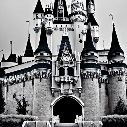 Image similar to the Disney castle made of bones and skulls, black and white