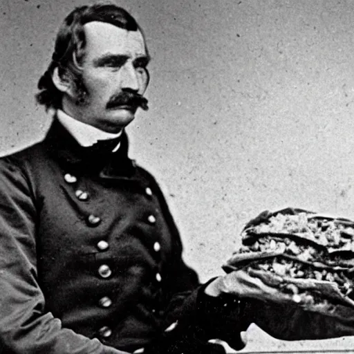 Prompt: a 1 8 5 8 photo of general pitzer, a union general, eating a large burrito with cheese and salsa