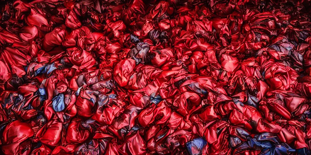 Prompt: photography of a mountain of red garbage bags full of color leds, photography by Annie Leibovitz and david lachapelle, photography award winning, rule of thirds, golden ratio, phi