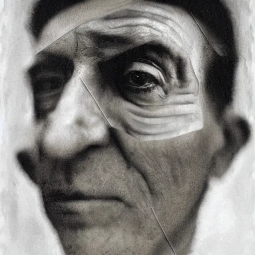 Prompt: front view photographic portrait of javier bordem, merging the face of photograph of picasso