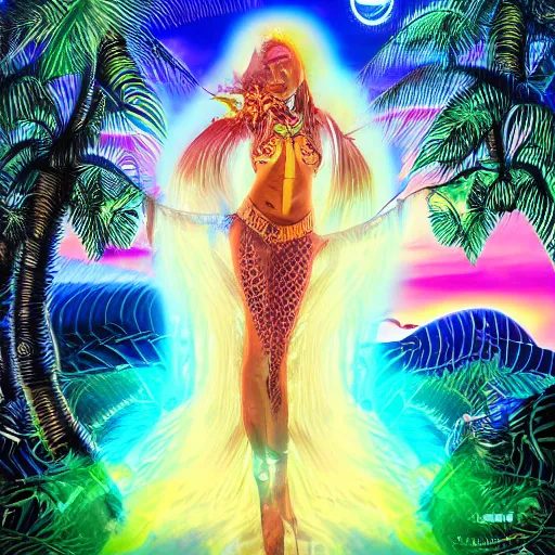 Image similar to Flashy futuristic techno-rave goa goddess with an aureola behind her, at sunset in the jungle, detailed digital art