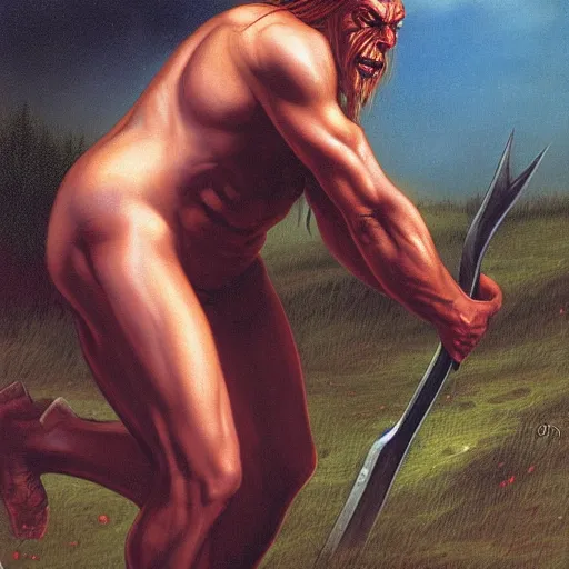 Image similar to Scandinavian berserker on his knees by Gerald Brom