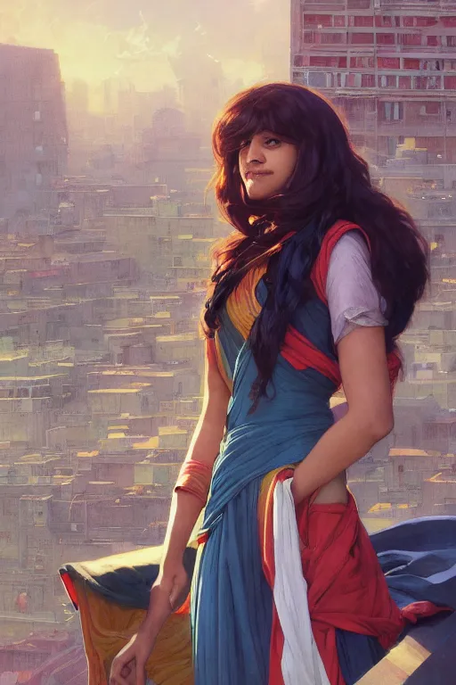 Image similar to A Full View of Kamala Khan Iman Vellani on a rooftop. MCU. masterpiece 4k digital illustration by Ruan Jia and Mandy Jurgens and Artgerm and greg rutkowski and Alexander Tsaruk and WLOP and william-adolphe bouguereau, award winning, Artstation, art nouveau aesthetic, Alphonse Mucha background, intricate details, realistic, panoramic view, Hyperdetailed, 8k resolution, intricate art nouveau