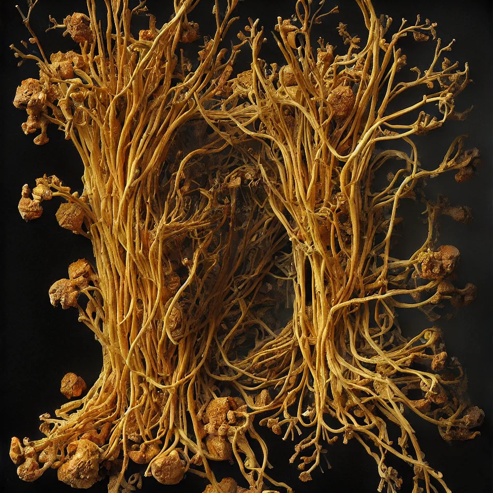 Prompt: dutch golden age bizarre ginger roots portrait made from withering flowers floral still life with very detailed ginseng rhizome and dry roots disturbing fractal forms sprouting up everywhere by rachel ruysch black background chiaroscuro dramatic lighting perfect composition high definition 8 k oil painting with black background by christian rex van dali todd schorr of a chiaroscuro portrait recursive masterpiece