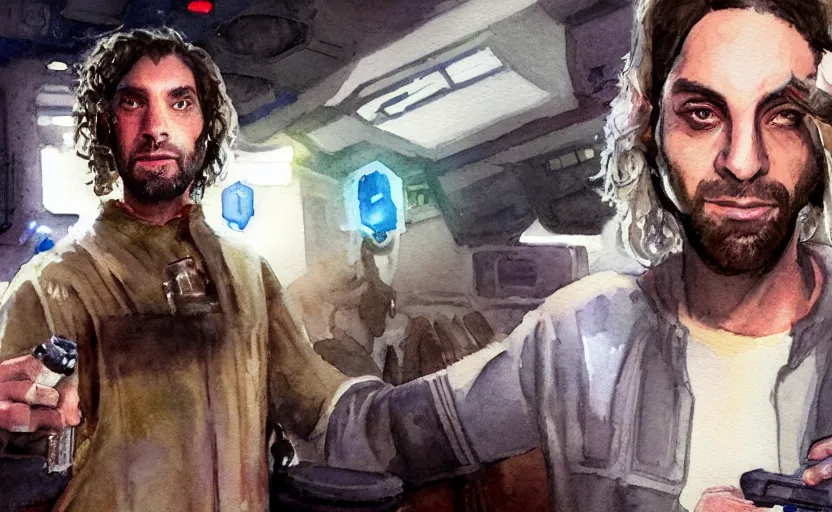 Image similar to an accurate realistic star wars watercolor fantasy concept art of a drug dealer that looks like chris d'elia looking angry in a sleazy futuristic bar of coruscant, hq, 4 k