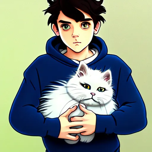 Image similar to teen boy with brown hair and big blue eyes, wearing a hoodie, fluffy white persian cat, natural lighting, path traced, highly detailed, high quality, cartoon, digital painting, by don bluth and ross tran and studio ghibli and alphonse mucha