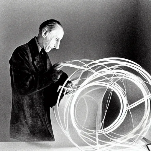 Prompt: filmstill of Marcel Duchamp working on a futuristic machine, long exposure, minimal composition, rule of thirds, archival pigment print