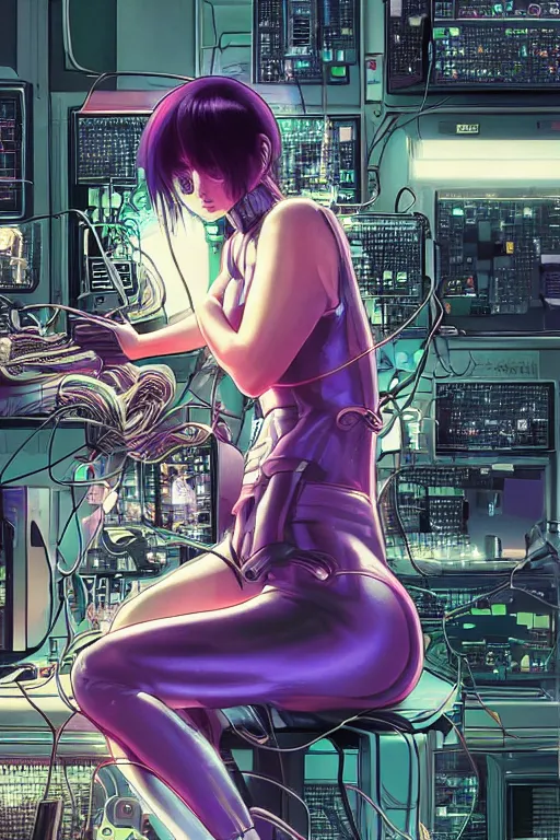 Image similar to hypedetailed cyberpunk illustration of motoko kusanagi seated on her knees in a tech lab, with messy wires and cables coming out of her head and back, by masamune shirow and katsuhiro otomo, colorful, complex, centered, wide angle, back view