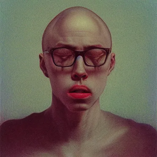 Image similar to a portrait of anthony fantano, theneedledrop, painted by zdzislaw beksinski