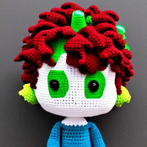 Prompt: kakyoin as a crochet doll