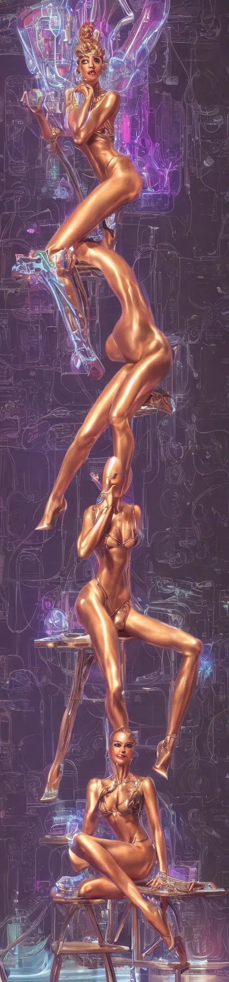 Image similar to beauty woman being sitting on a stool, surrounded by holograms, very detailed, dramatic lighting, detailed mechanical hands, electrical details, high details, 4k, 8k, trending on artstation, by Hajime Sorayama and Boris Vallejo