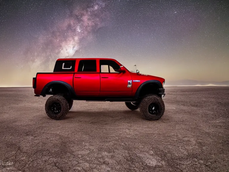 Image similar to dodge ram red power wagon overlanding on dry lake night, long exposure, milky way, award winning, cinematic