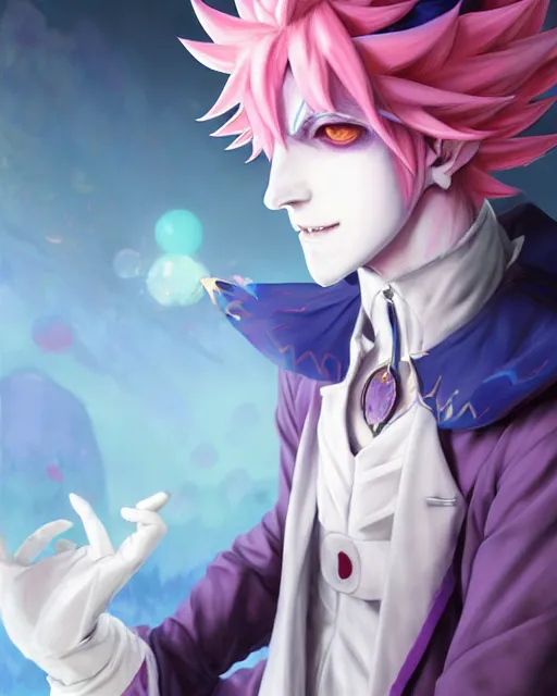 Image similar to extremely attractive soft feminine male as a jester anime character screenshot, nagito komaeda and hisoka jester, anime feminine male fool, intricate, sharp focus, illustration, highly detailed, digital painting, cell shaded, concept art, matte, art by ilya kuvshinov and kyoto animation and wlop, ruan jia, greg rutkowski, studio quality