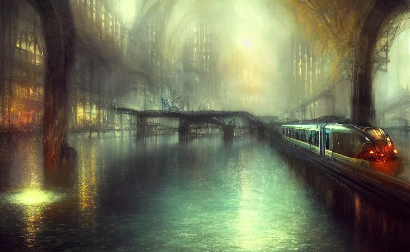 Prompt: an urban train rides inside of a waterway on a fantasy city. by artstation trending, by joseph mallord william turner, luis royo, konstantin razumov, cinematic lighting, fractal flame, highly detailed