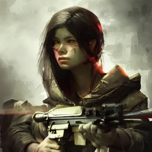 Prompt: of a sniper girl in war, portrait, by ruan jia and ross tran, detailed,