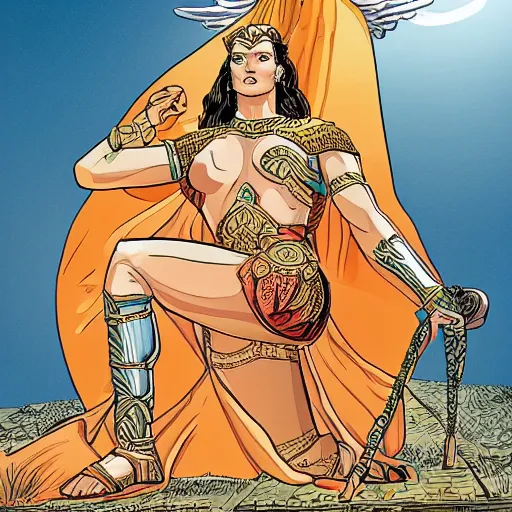 Prompt: Amazon queen Hippolyta kneeling at the foot of a giant statue of a goddess, graphic novel, warm colours, anatomically correct, deep depth