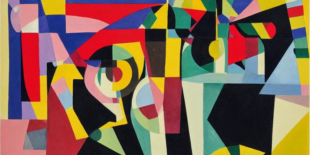 Image similar to painting on a person on the phone, abstract, collage, geometric abstraction, block colours, painting by Sonia Delaunay