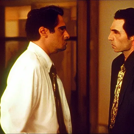 Prompt: scene from martin scorcese's / the outfit /, a supernatural mafia crime thriller about magical monster - hunting mafiosi in 9 0 s philadelphia. in this scene the main character talks to a vampire. realistic hd 8 k film photography.