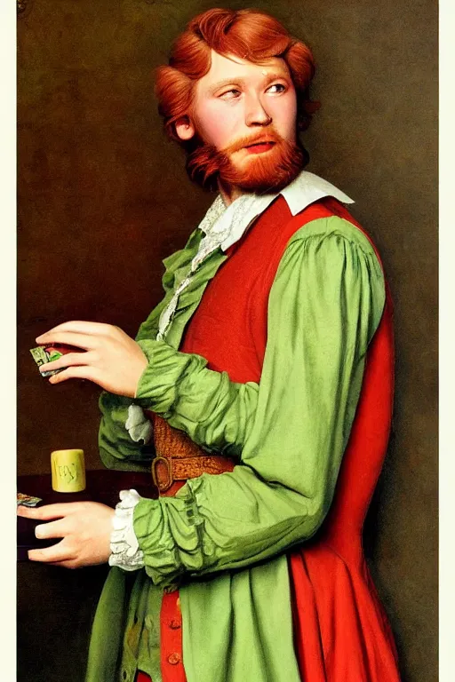 Image similar to intricate beautiful medium - shot, the card player man with short trimmed reddish beard ( ( ( no mustache ) ) ), blonde reddish hair, in green and pink clothes of 1 7 th century, matte painting, renaissance painting, by paul sezanne by leyendecker, by artgerm, rutkowskyi