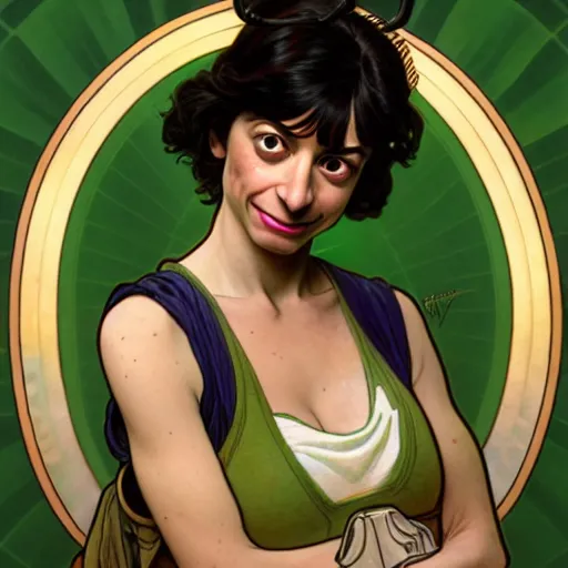 Image similar to full portrait of kate micucci as she - hulk, fantasy, d & d, intricate, detailed, by by alphonse mucha, adolfo hohenstein, alice russell glenny, stanley artgerm lau, greg rutkowski, detailed, trending on artstation, trending on artstation, smooth