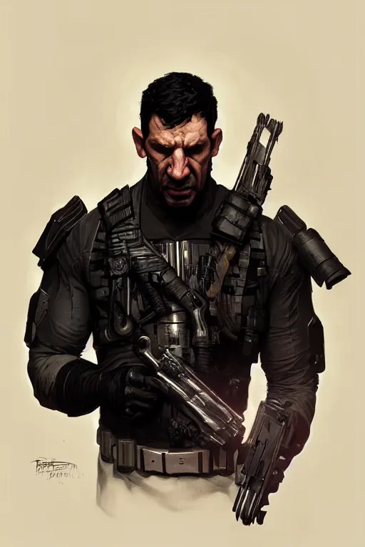 Image similar to rayan reynolds as punisher, portrait, skull on the chest, highly detailed, digital painting, artstation, concept art, smooth, sharp focus, illustration, cinematic lighting, art by artgerm and greg rutkowski and alphonse mucha