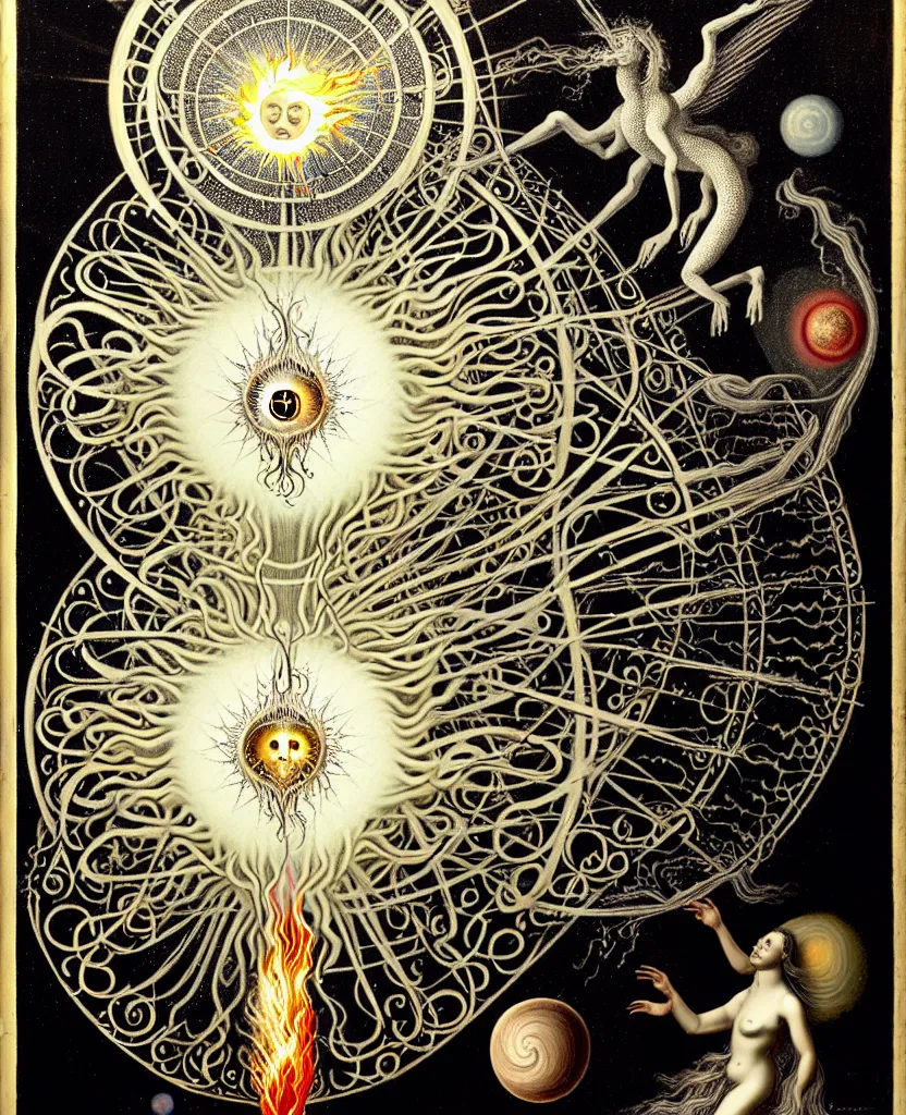 Prompt: a strange mythical creature radiates a unique canto'as above so below'while being ignited by the spirit of haeckel and robert fludd, breakthrough is iminent, glory be to the magic within, in honor of jupiter's day, painted by ronny khalil