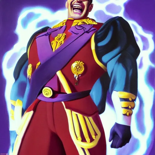 Image similar to M. Bison laughing with big white smile, full body portrait, surrounded by purple lightning, highly detailed painting, concept art