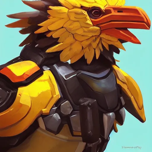 Image similar to greg manchess portrait painting of fully armored chocobo as overwatch character, medium shot, asymmetrical, profile picture, organic painting, sunny day, matte painting, bold shapes, hard edges, street art, trending on artstation, by huang guangjian and gil elvgren and sachin teng