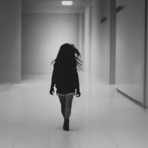 Image similar to film still of a girl walking through liminal space, black and white