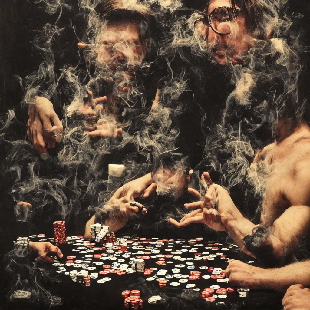 Image similar to bill hicks smoking playing poker. vivid colors, by GREgory crewdson, nicola samori and jenny saville