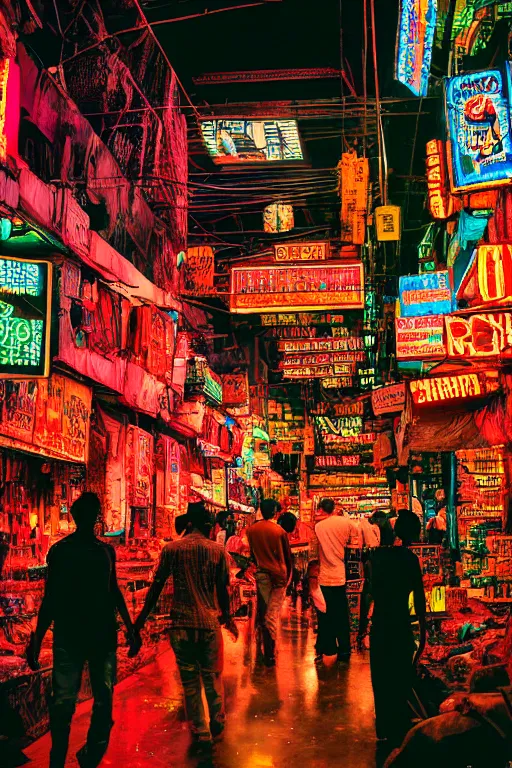 Prompt: cyberpunk black indian market, indoor, full of neon lights, crowded with cyborgs buying hi - tech drugs, photorealistic, 3 5 mm, grainy ruined film, dark color scheme, in the style of blade runner