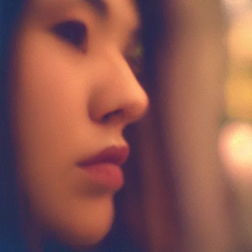 Prompt: Close up of a young woman’s face looking in the distance, captured in low light, sharp focus, detailed, cinestill 800t