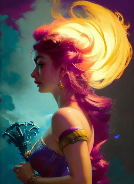 Image similar to side portrait, imogen poots, paladin, gloomhaven, colorful gaudy colors, luminescent, hard edges, bloom, organic painting, by greg manchess, huang guangjian, gil elvgren, greg rutkowski, jesper ejsing, magali villeneuve, artgerm, ilya kuvshinov