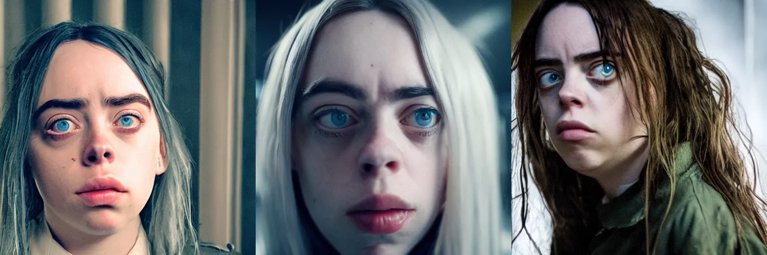 Prompt: close-up of Billie Eilish as a detective in a movie directed by Christopher Nolan, movie still frame, promotional image, imax 70 mm footage