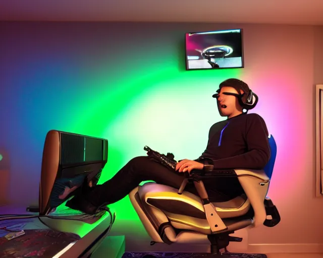 Image similar to an alien spider hybrid in bodysuit playing computer games in a streamer bedroom, sitting in gaming chair, wearing gaming headset, rgb wall light