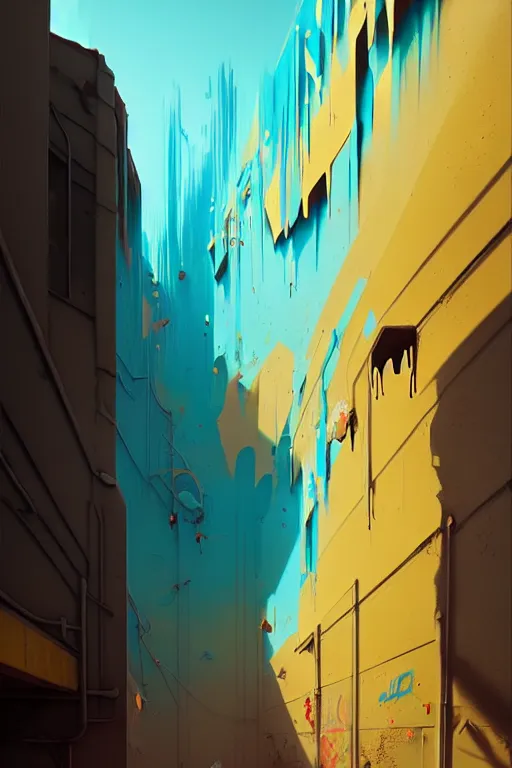 Prompt: matte painting extreme offset 3 d calligraphy graffiti mural dripping paint wall extreme maximalism by atey ghailan, by greg rutkowski, by greg tocchini, by james gilliard, by joe fenton, yellow, brown, black and cyan color scheme, octane render