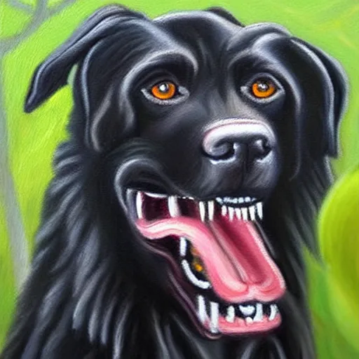 Image similar to realistic oil painting of a vicious black dog bearing its fangs next to brugmansia suaveolens flowers