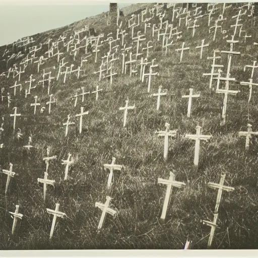 Image similar to 1 9 8 0 s flash photograph of a hill covered with crucifixes and crosses, film grain, polaroid, 3 5 mm