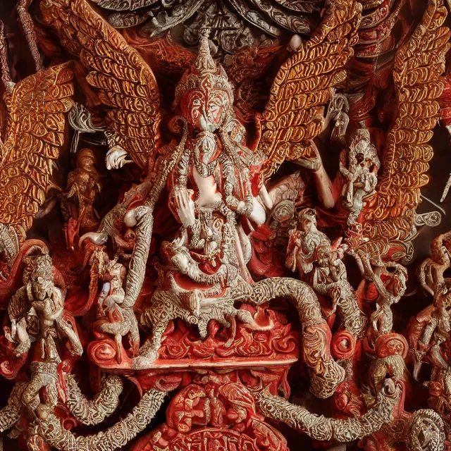 Image similar to blood temple, hindu ornaments, baphomet statue at the center surrounded by angel statues, film still, 4 k, symmetry, award - winning photography, 1 2 0 mm